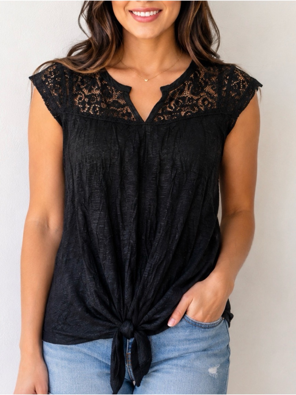 American Rag Black Lace Yoke Tie-Front Tank